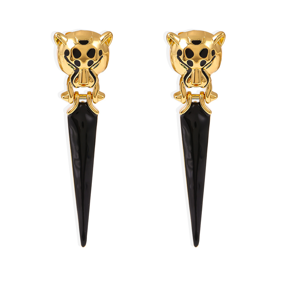 Fangtang Leopard Head Set With Zircon Triangle Tassel Exaggerated Earrings, Environmentally Friendly Material Personalized Earrings_voghion.com