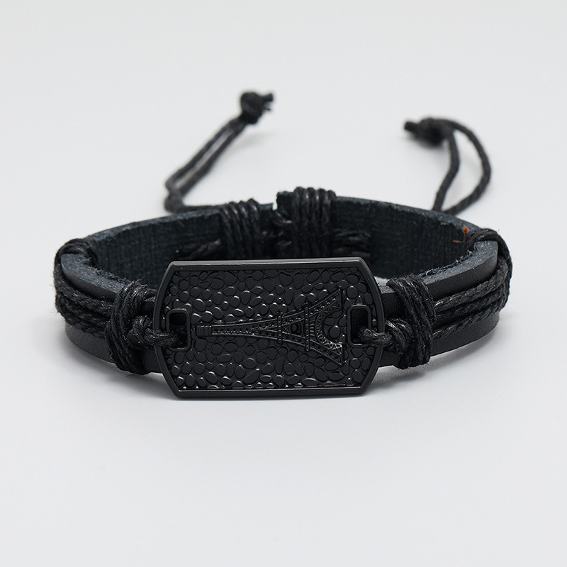 Simple pull adjustment black leather bracelet wholesale