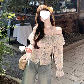 法式2025春季新款甜美风荷叶边长袖拼接蕾丝碎花衬衫收腰显瘦上衣