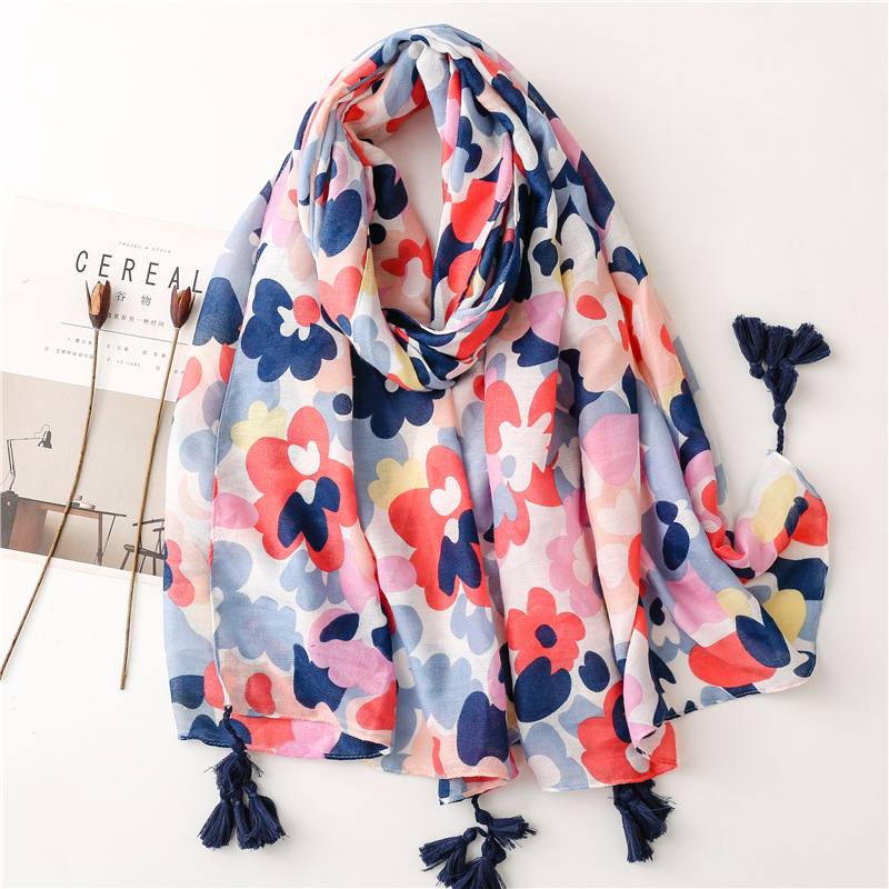 fashion blues camouflage flowers cotton and linen long hanging tassel shawl womenpicture1