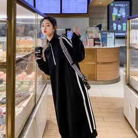 大码300斤秋季休闲连衣裙女长袖韩版宽松立领拉链长款过膝卫衣裙