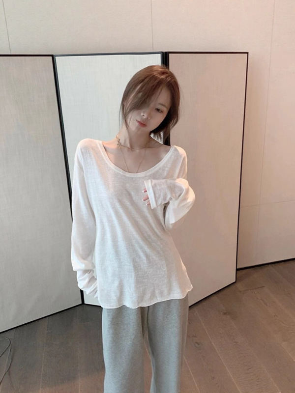 竹节棉微透慵懒风长袖薄款T恤女韩版别致宽松上衣休闲宽领打底衫|undefined