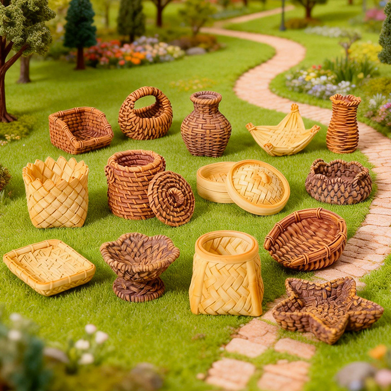 Micro-Landscape Creative Miniature Simulation Rattan Basket Bamboo Basket Landscaping DIY Decoration Accessories Mini Ornaments