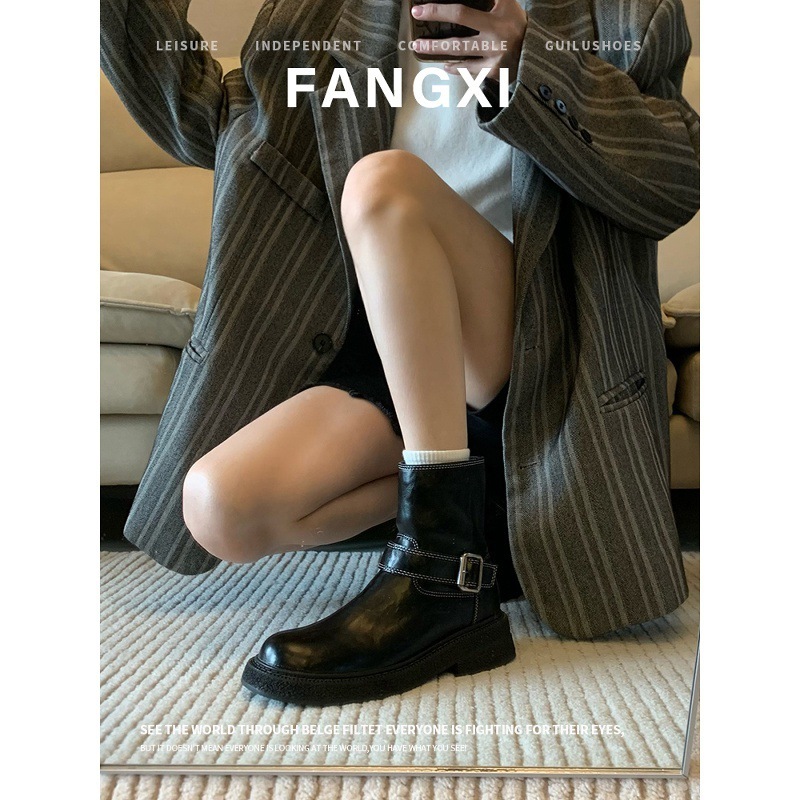牛皮版~皮带扣西部骑士靴英伦风靴子中跟马丁靴女厚底短靴瘦瘦靴|undefined