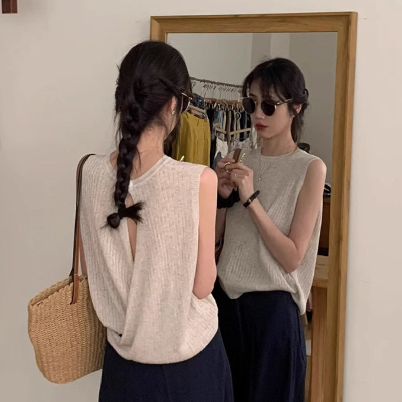 Summer New Design Sense Back Split Hollow Sleeveless Vest Knitwear Women's Loose Slimming Short Top Trendy