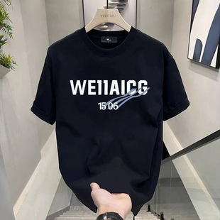 Heavyweight Cotton Trendy American-Style T-Shirt with Simple Letter Print for Men, Summer Round Neck, Loose Fit, Versatile Short-Sleeve Trend