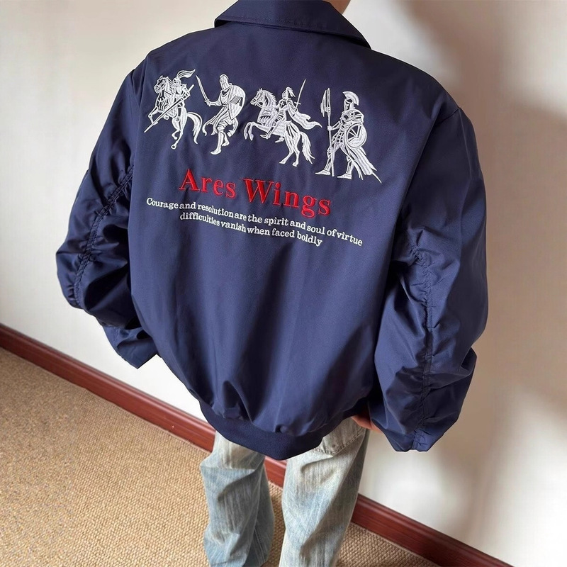 American-Style Short Wide Lapel "Warhorse Embroidery" Flight Jacket Cleanfit Height-Enhancing Coat Men's Short Hip-Hop Couple's Jacket American-Style Short Wide Lapel "Warhorse Embroidery" Flight Jacket Cleanfit Height-Enhancing Coat Men's Short Hip-Hop Couple's Jacket