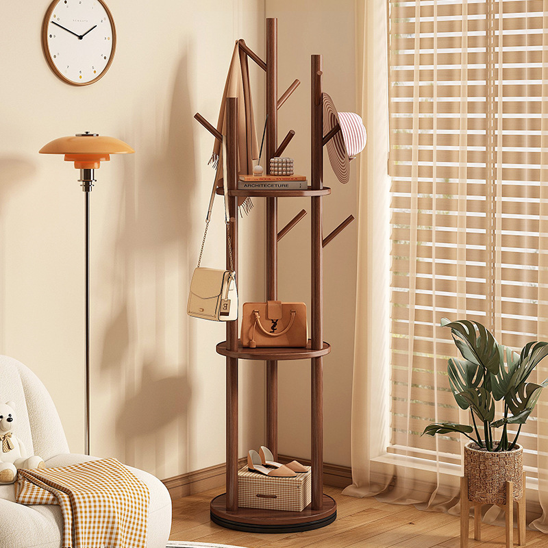 Floor-Standing Vertical Clothes Rack Solid Wood Rotating Coat Rack Bedroom Home Living Room Light Luxury Storage Rack Balcony Clothes Rack