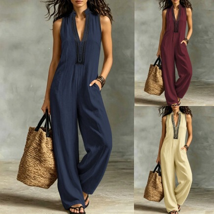 European and American cross-border ethnic style sleeveless jumpsuit with chest embroidery, stand-up collar, loose wide-leg design, pockets, and suitable for commuting European and American cross-border ethnic style sleeveless jumpsuit with chest embroidery, stand-up collar, loose wide-leg design, pockets, and suitable for commuting
