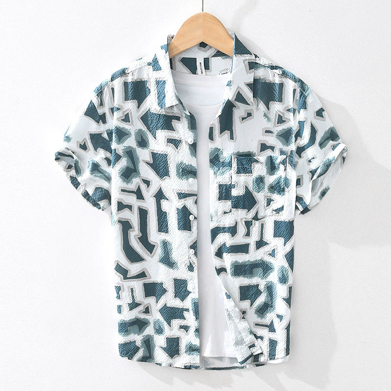 2077 Летняя рубашка с короткими рукавами в цветном кармане свободная эластичная пузырьковая сетка дышащая рубашка для волос