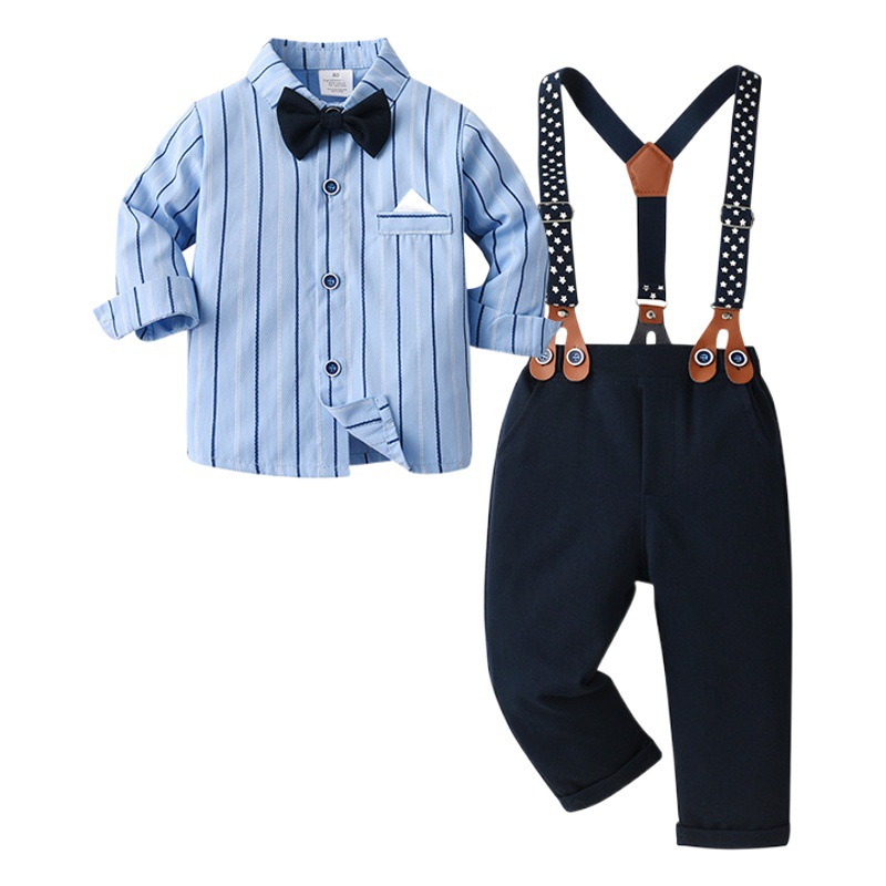 Ropa infantil transfronteriza primavera y otoño pantalones tirantes a rayas niños traje ropa de bebé niño Caballero vestido niño ropa de otoño