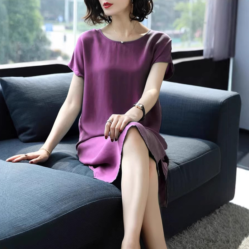 Loose Heavyweight Cupro Silk Dress for Women, 2026 Summer New Style, Silk Short-Sleeve, Plus-Size, Elegant Solid Color Mid-Length Dress