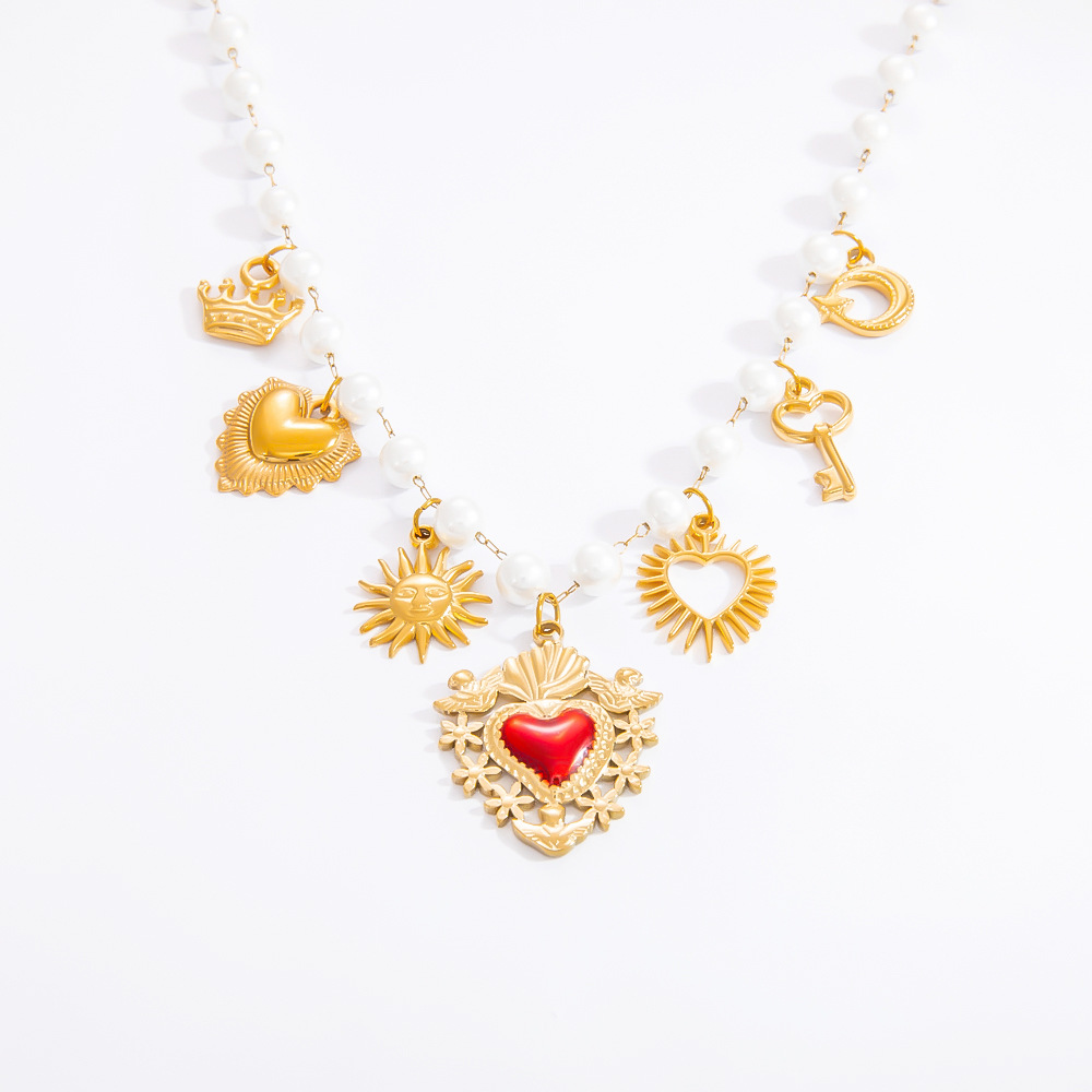 Waterproof Non Tarnish, Beaded, Pearl, Plating Craft PVD Coated Real Gold Plated 18K Gold Sun Moon Heart Shape Titanium Steel Elegant Waterproof Non Tarnish Titanium Steel Pendant Necklace