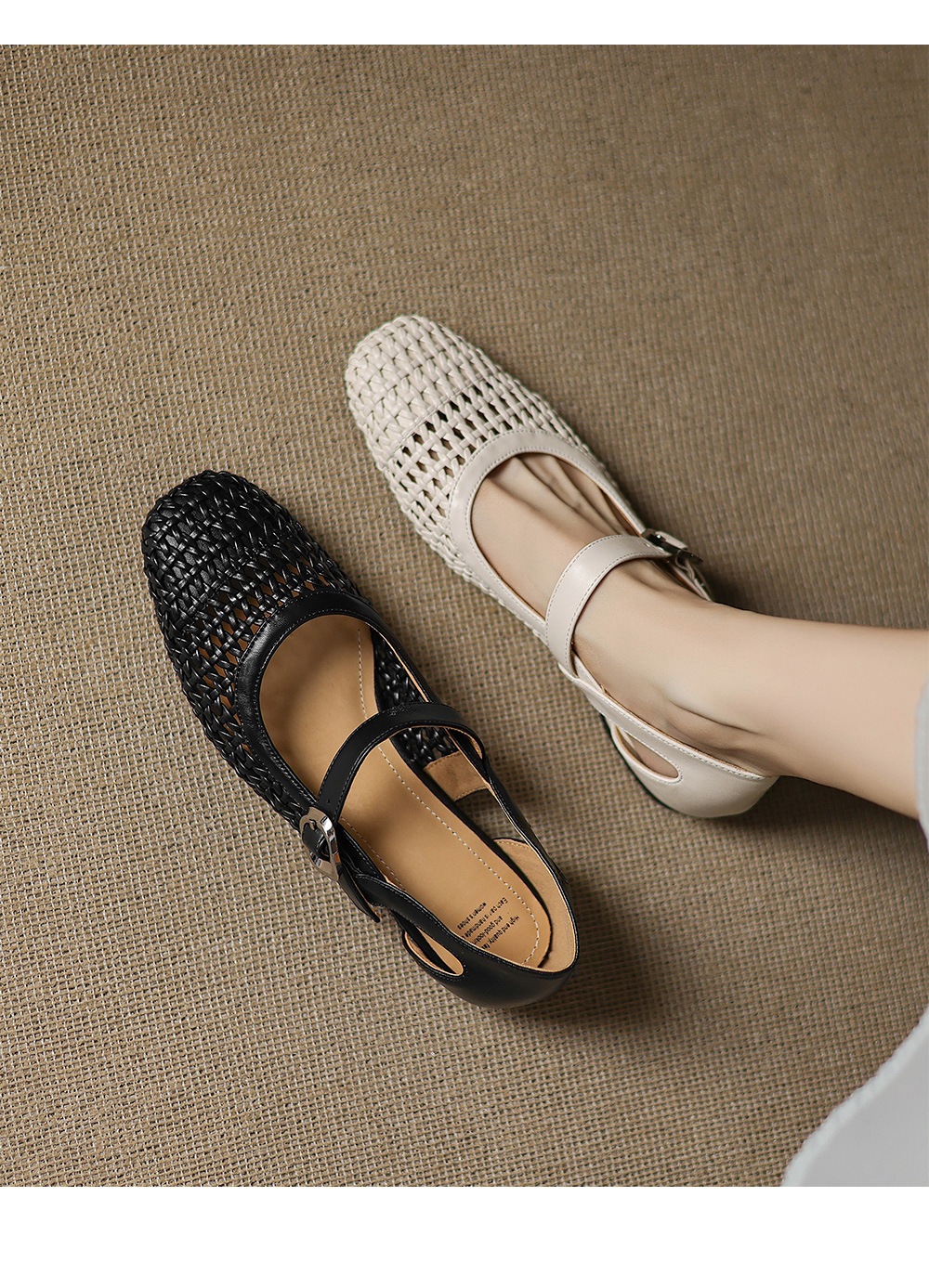 Dép sandal nữ quai ngang đế thấp mũi vuông da bò dệt kiểu La Mã — đen chi tiết 8