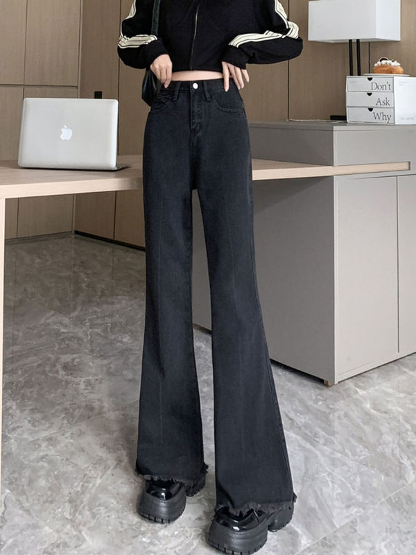 秋の女性用ブラックブーツカットジーンズ、ハイウエスト、ルーズ、ワイドレッグ、馬蹄パンツ、多用途のローエッジパンツ|undefined