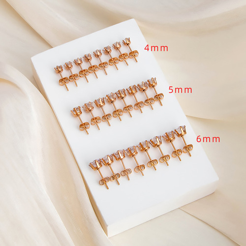 Rose gold zircon earrings for women, six-claw single diamond, titanium steel earrings, non-fading, sparkling, attractive and sparkling diamonds