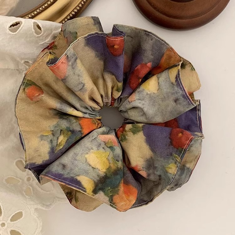 油画风花朵大肠圈复古发圈方巾丸子头花绑头发绳发饰新款法式复古|undefined