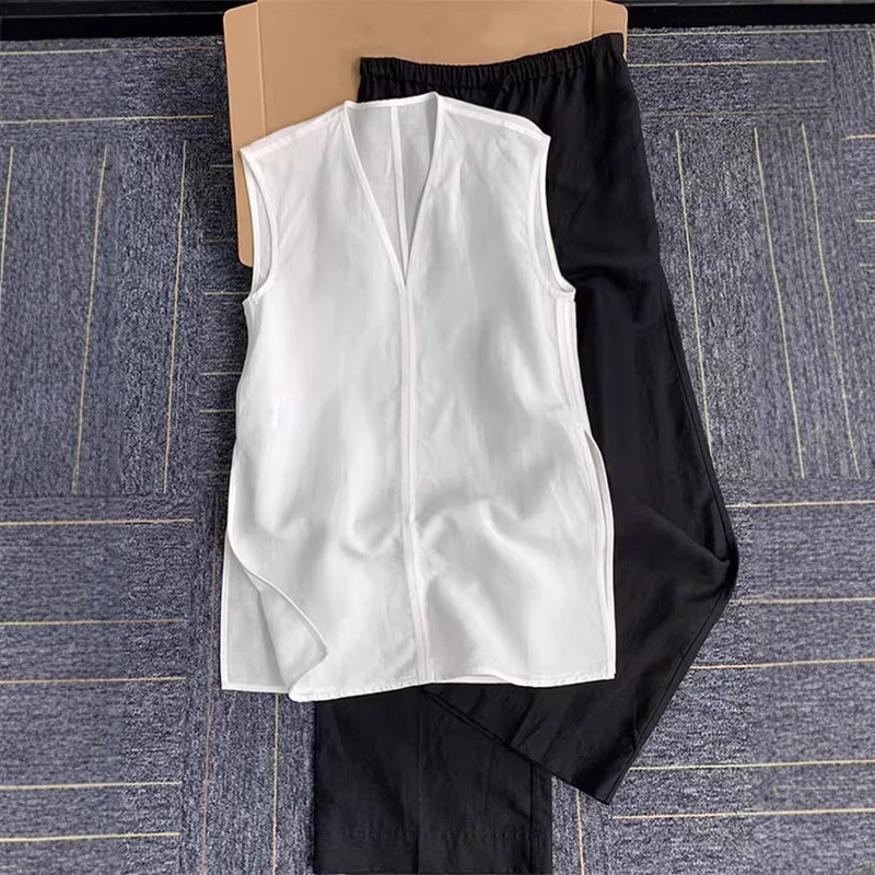 High-End Chic V-Neck Linen White Sleeveless Shirt Vest Women's New Summer Lazy Style White Cotton and Linen Top