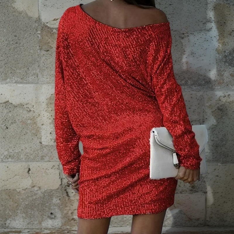 Abito da sera donna con paillettes spalle scoperte maniche lunghe_voghion.com