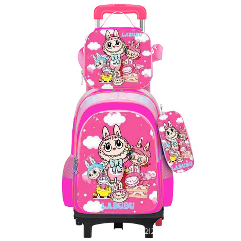 Suministro directo de fábrica, mochila escolar con barra de ruedas para niños, juego de tres piezas, protección de la columna para estudiantes de primaria, reducción de carga, mochila universal de dos ruedas y seis ruedas