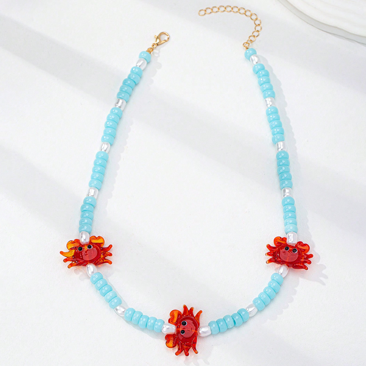 Glass Material Crab Pattern All Seasons Season Cute Marine Style Crab Glass Beaded Chain Lobster Trigger Clasp Closure Beaded Necklaces Wholesale