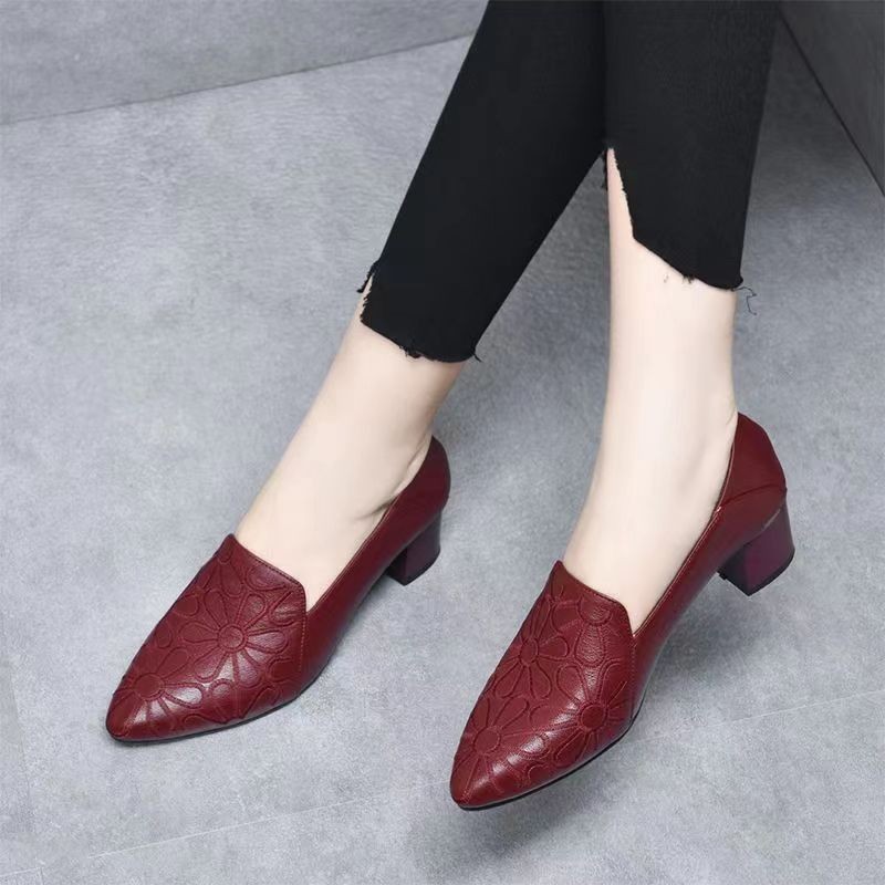 2026 primavera y otoño nuevos tacones profundos de punta de moda zapatos de trabajo cómodos zapatos de bordado de tacones gruesos rojos zapatos para mujeres