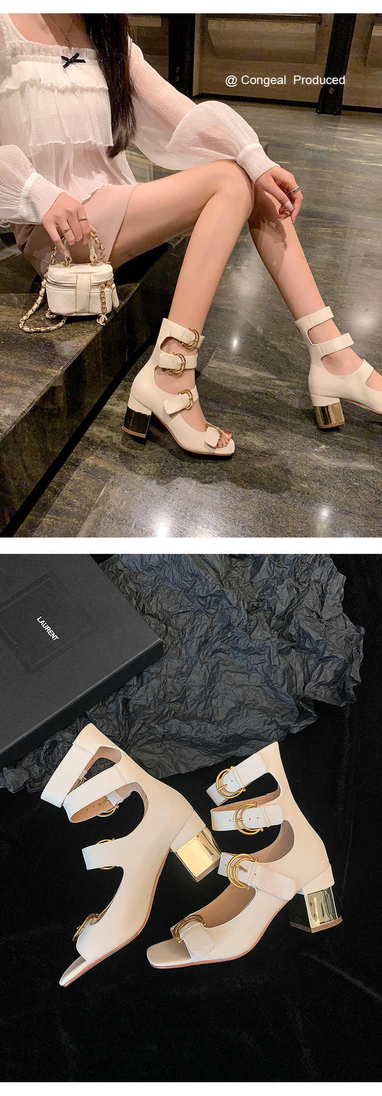 Giày sandal cao gót nữ thiết kế khóa thắt lưng, mũi hở, gót vuông 9 cm — Màu đen, Màu trắng be, Màu bạc chi tiết 13