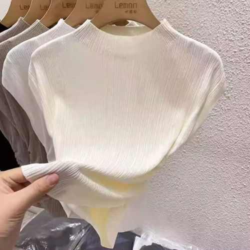 2025 Summer Half High Neck Knitted Short Sleeve T-Shirt Women's Design Sense Niche Thin Underwear French Style Body Shaping Top 