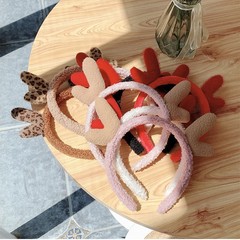 Autumn and Winter New Christmas Cute Leopard Print Antler Headband for Women, Photo Taking Face Washing Hair Band for Women, Headwear Headband Hair Clip