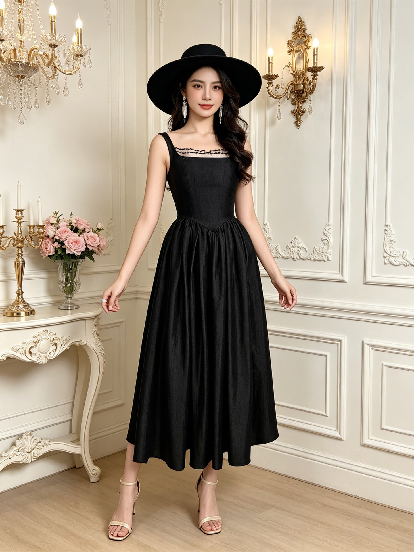 Đầm maxi nữ thắt eo cổ vuông dây mảnh phong cách Hepburn — đen chi tiết 4