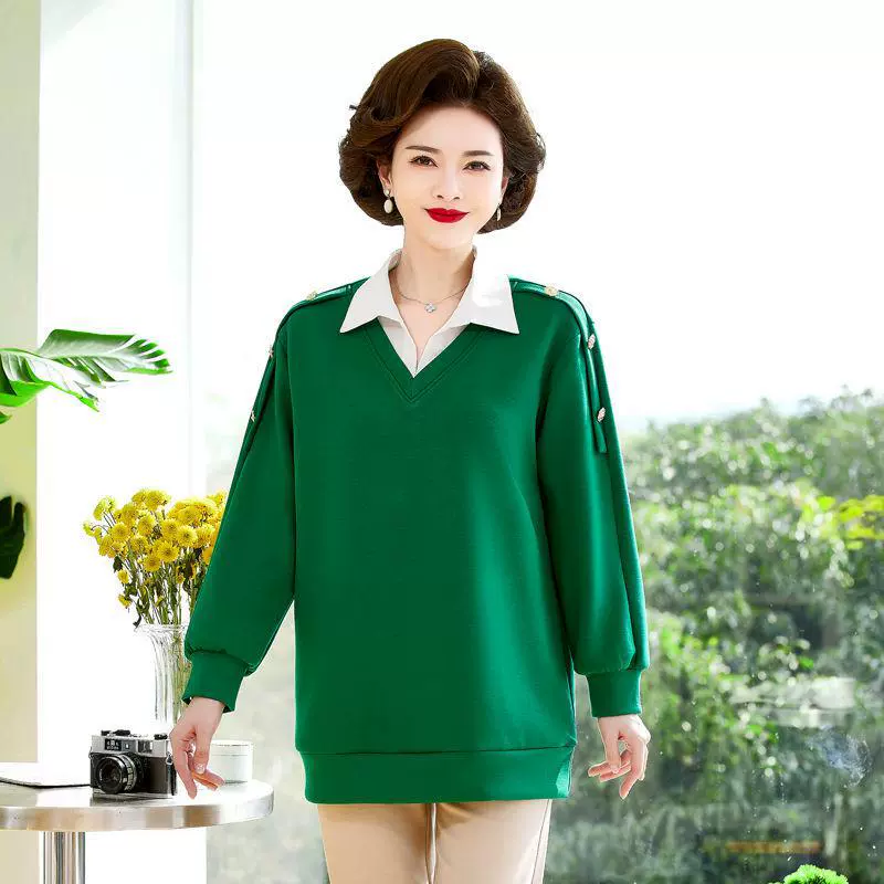 2023 Весна и осень трикотажная нижняя рубашка для мам, свитер с длинными рукавами для женщин среднего и пожилого возраста, 40-летний топ в западном стиле 50 лет