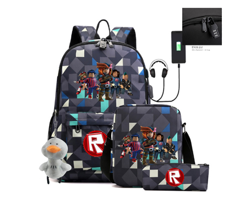 2023 juego de roblox transfronterizo alrededor de carga USB bolso de hombro masculino y femenino bolso de lápiz de un solo hombro conjunto de tres piezas para estudiantes de secundaria