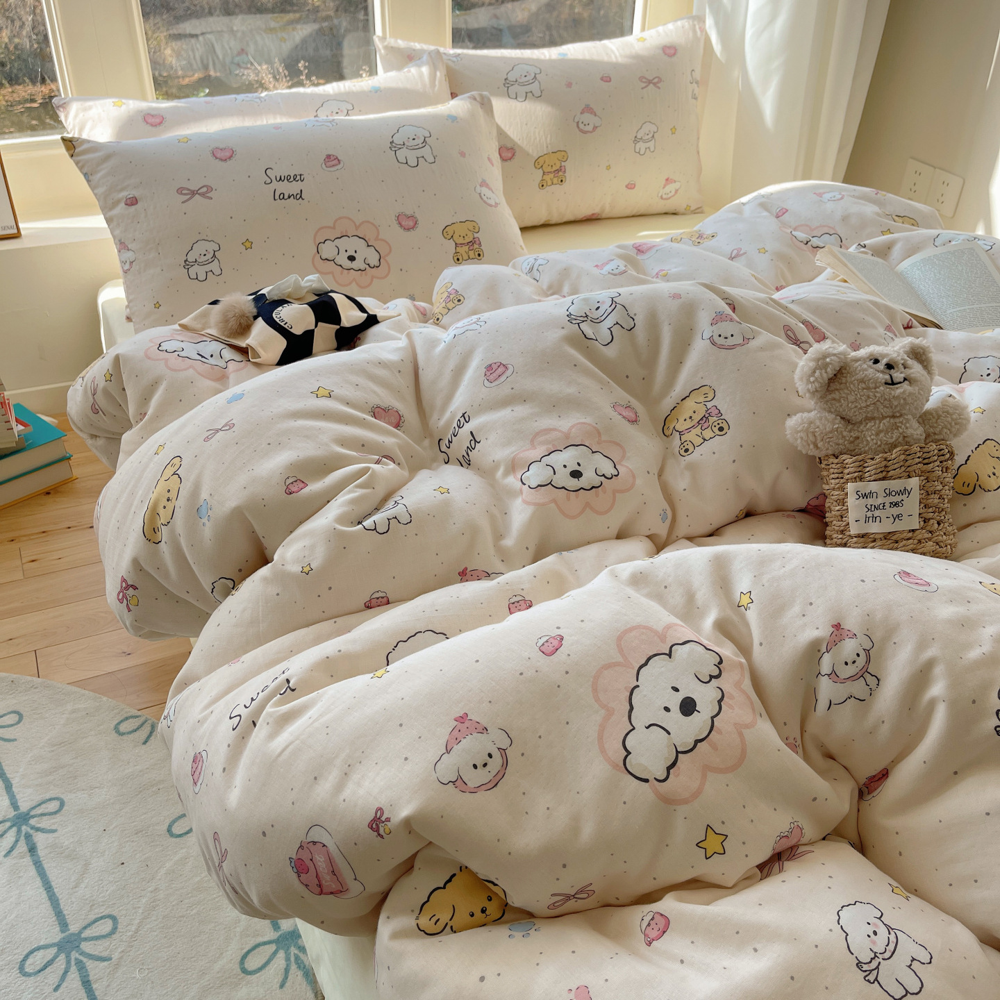 Spring and Summer A-Class Ins Cartoon A-Class All-Cotton Double-Layer Gauze Four-Piece Set Student Dormitory Three-Piece Set Pure Cotton Bedding