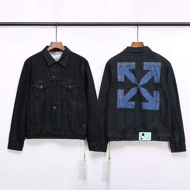 Off White 20Fw New Autumn Style Loose Washed Denim Jacket with Blue Arrow on the Back, Unisex