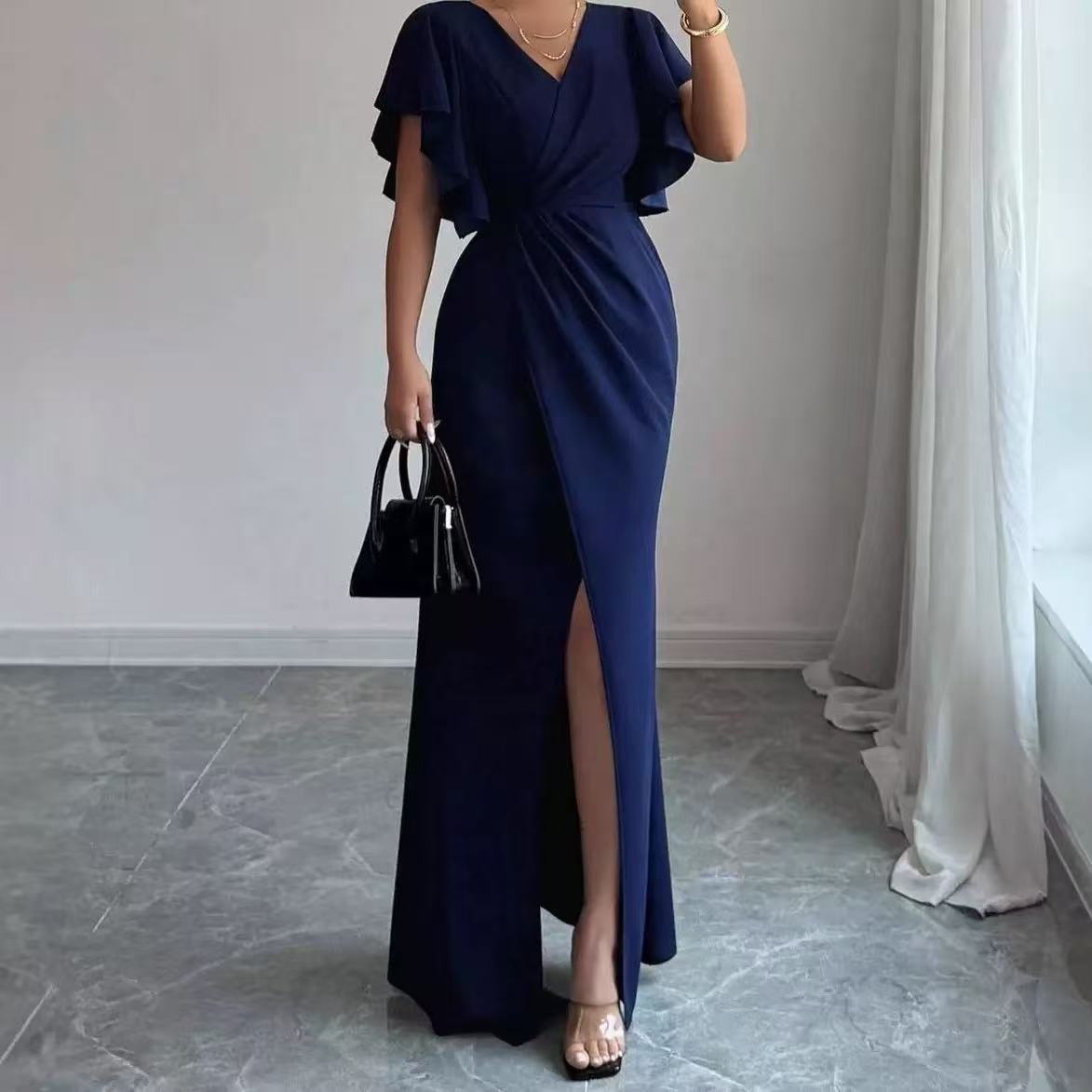 2025 Amazon European and American Cross-Border Elegant Ruffled Sleeve V-Neck Slim Waist Slit Fishtail Dress