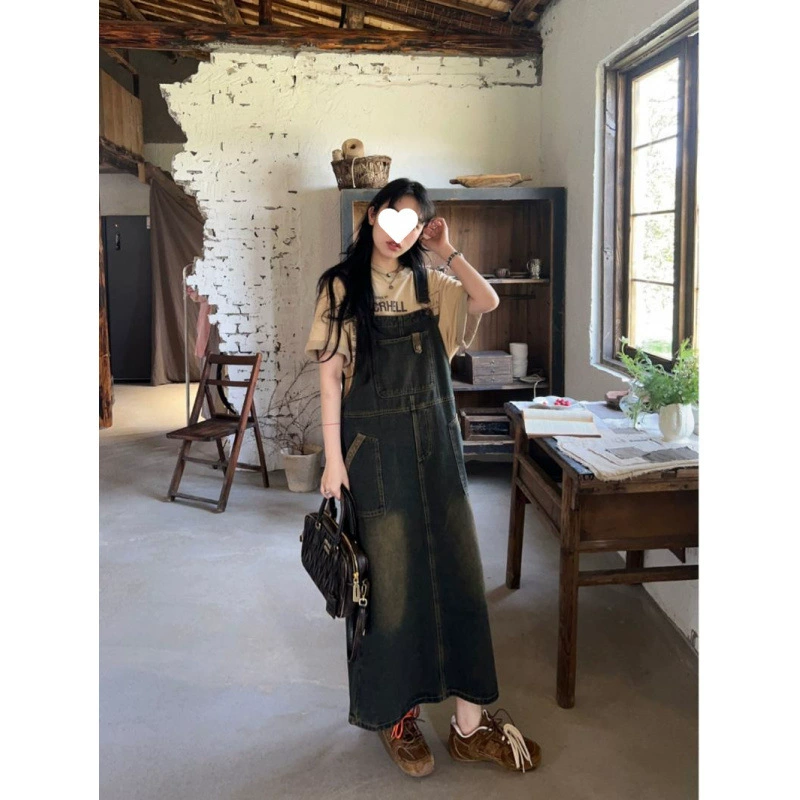 Винтажное джинсовое платье на подтяжках для женщин, новый летний стиль с контрастным цветовым дизайном, свободное длинное платье трапециевидной формы на тонких бретельках.