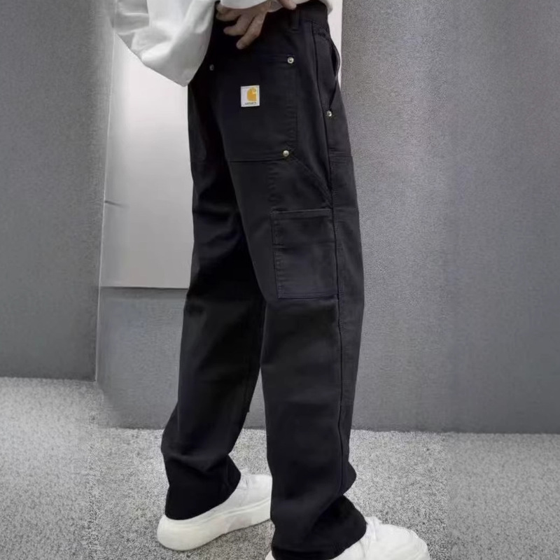 Carhartt Washed Work Pants with Double Knee Patches, Casual Denim Pants, Spring and Summer Style, Loose Straight Fit, Lightweight for Summer