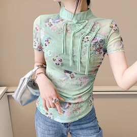 2025年设计感感国潮盘扣立领短袖印花T恤女打底衫欧货上衣潮