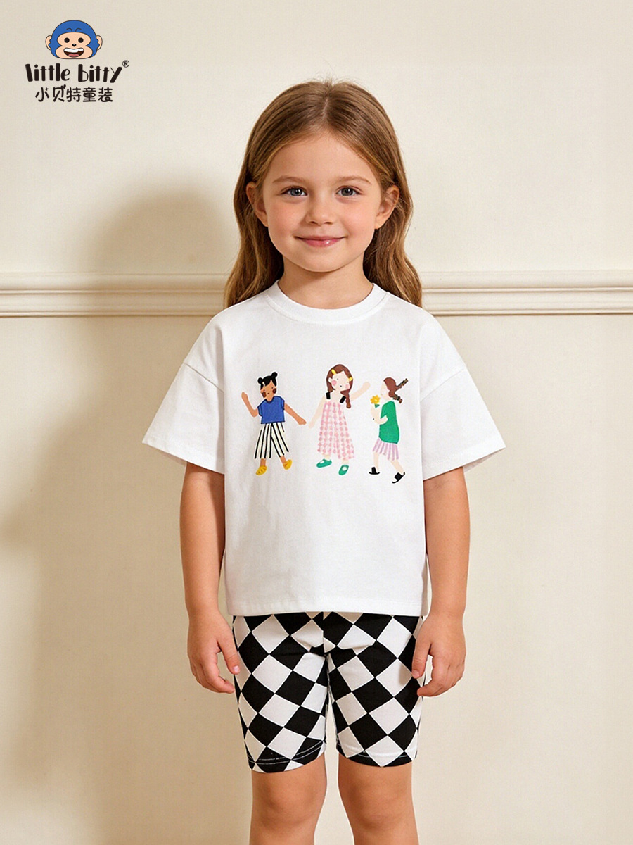 Cross-Border Supply 26 Years of Experience in Spring and Summer Children's Short-Sleeve Outfits, Casual and Fashionable Girls' Round-Neck Plaid Print Two-Piece Set