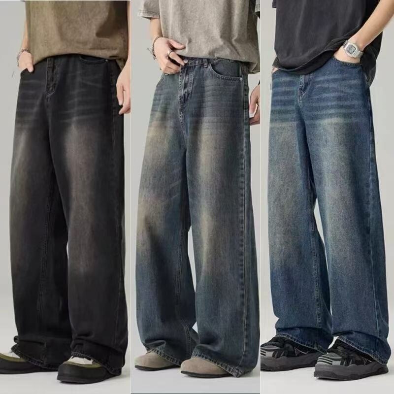 Cross-border men's jeans, Southeast Asian washed wide-leg jeans for men, vintage distressed loose straight pants in stock Cross-border men's jeans, Southeast Asian washed wide-leg jeans for men, vintage distressed loose straight pants in stock