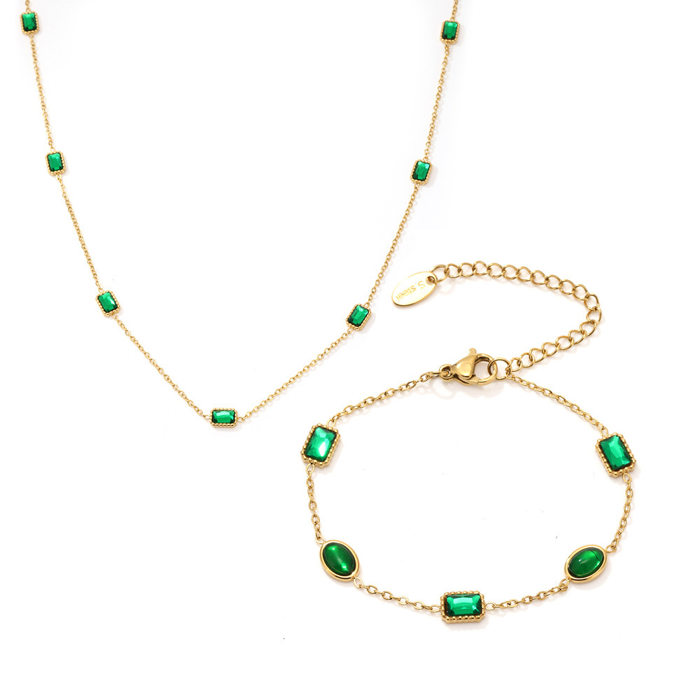 Zircón de acero inoxidable incrustado a mano collar de zircón esmeralda pulsera en un conjunto de estilo de nicho hermoso