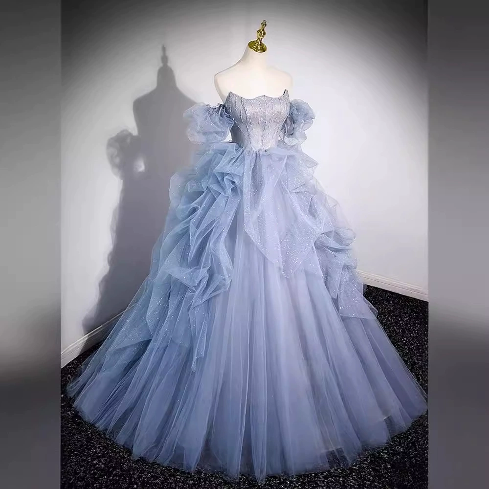 Вечернее платье для женщин Haze blue ball gown, плечи открыты, стиль пианино, многослойная сетка