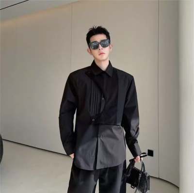 Korean-Style Niche Patchwork Deconstructed Design Shirt for Men, Long-Sleeve, Stylish and High-End Shirt, Hairstylist Top, Trendy Korean-Style Niche Patchwork Deconstructed Design Shirt for Men, Long-Sleeve, Stylish and High-End Shirt, Hairstylist Top, Trendy