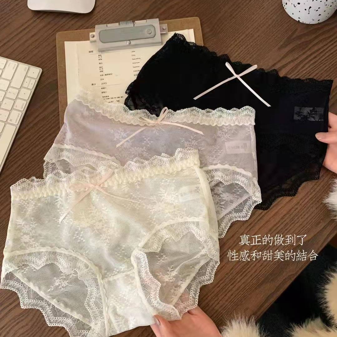 Japanese Style Snowflake Hazy Mesh Lace Panties Sexy Seamless Cotton Crotch High Elastic Mid-Waist Women's Briefs