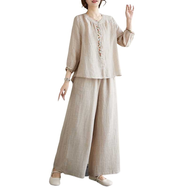 Completo estivo alla moda 2024 in stile cinese con camicia ricamata e pantaloni larghi, modello due pezzi._voghion.com