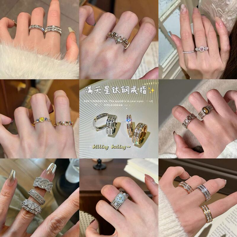 Super shiny starry titanium steel zircon ring female light luxury niche design high-grade sense ring non-fading girlfriends tail ring