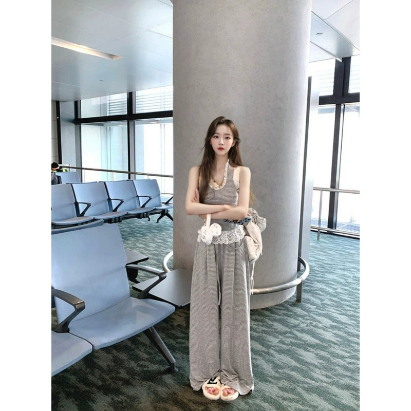 Pure Desire Hot Girl, летний сексуальный костюм королевской сестры, кружевной жилет без рукавов с лямкой на шее, топ с высокой талией, широкие брюки