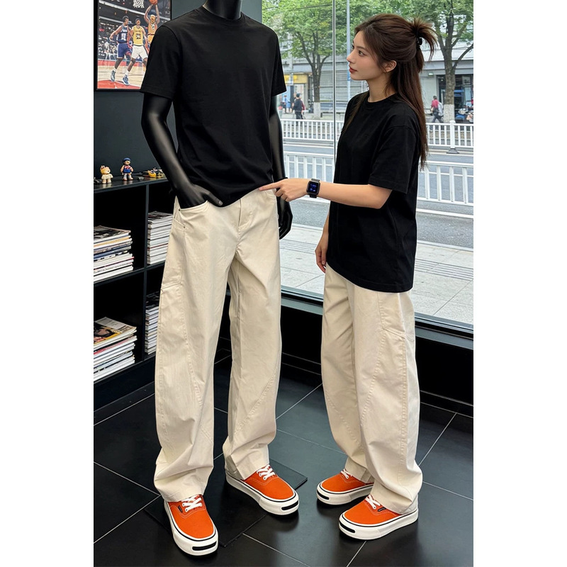 Beige American-Style Quick-Dry Curved-Cut Pants for Men, Summer Thin Ice Silk Work Pants, Cleanfit Wide-Leg Casual Pants