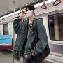 春秋款美式牛仔假两件褂子