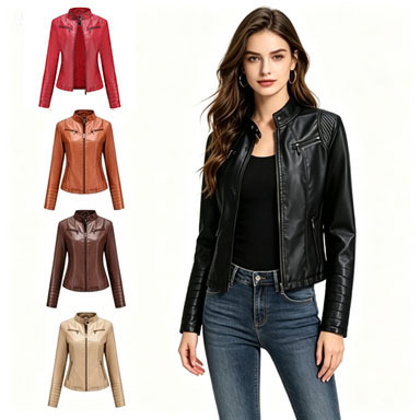 Cross-border women's leather jacket—European and American-style spring/autumn PU biker jacket—European size leather outerwear—short, fashionable women's jacket